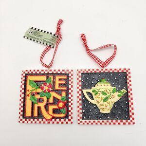 Mary Engelbreit Christmas Ornaments Glitter Red Check Frame Teapot Holly Friend